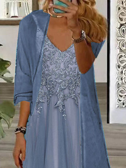 Nextmacys-Women's Long Sleeve V-neck Floral Printed Two Pieces Maxi Dress