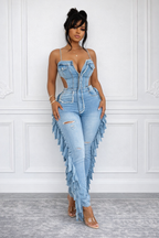 Womens Strappy Patchwork Sexy Casual Denim Jumpsuit