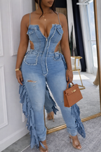 Womens Strappy Patchwork Sexy Casual Denim Jumpsuit