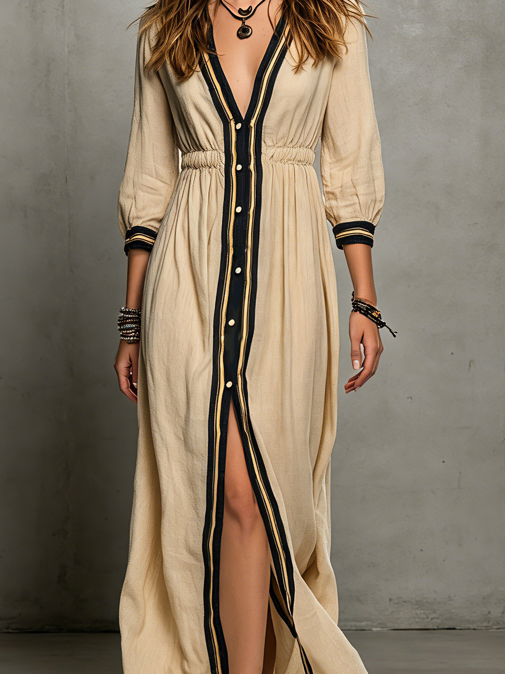 Khaki Cotton-Linen V-Neck Elastic Waist Maxi Dress