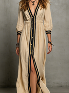 Khaki Cotton-Linen V-Neck Elastic Waist Maxi Dress