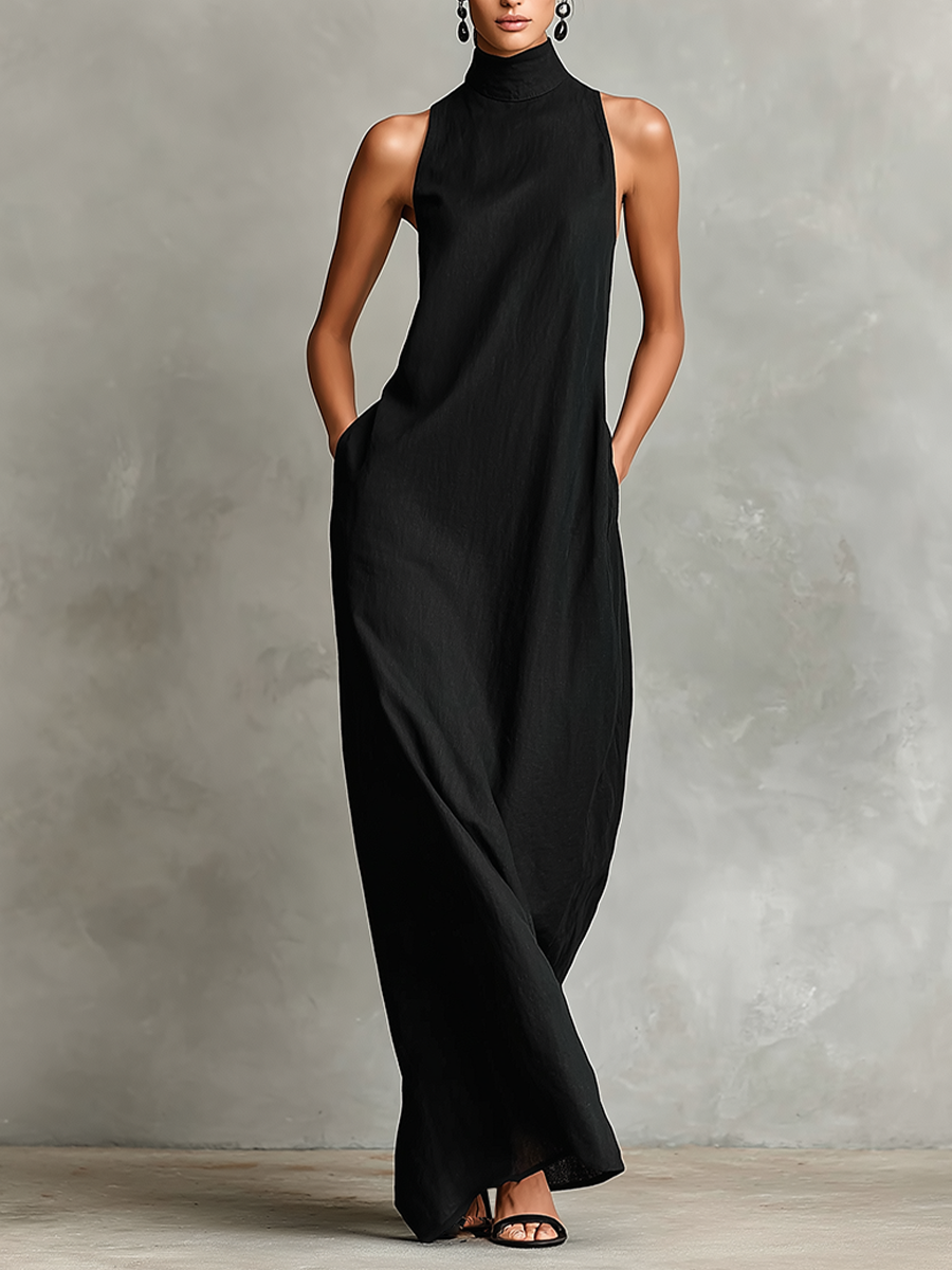 High-Neck Pocket Maxi Dress