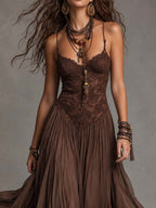Dark Brown Lace And Chiffon Corset Maxi Dress