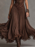 Dark Brown Lace And Chiffon Corset Maxi Dress