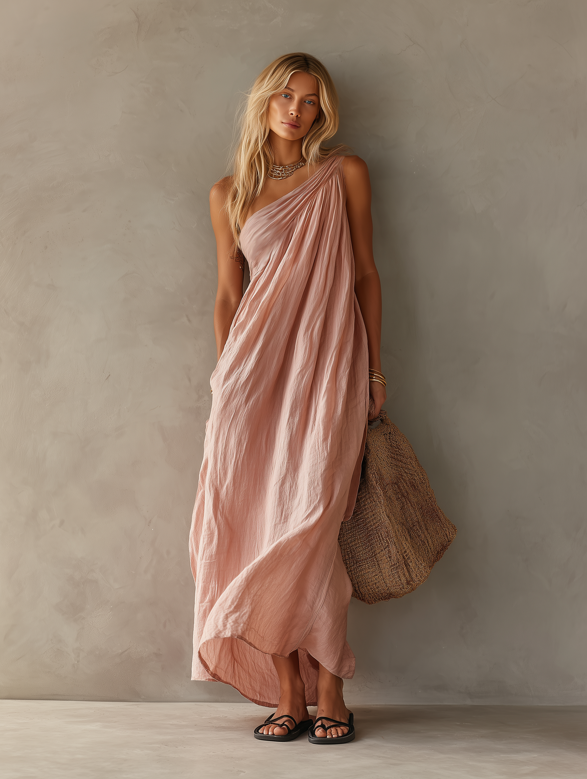 One-Shoulder Cotton-Linen Maxi Dress