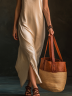 Linen-Blend Maxi Dress With Spaghetti Straps & V-Neck