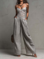 Bohemian Light Grey Lace And Crinkle Cotton Wide-Leg Jumpsuit