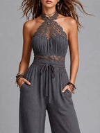 Charcoal Gray Lace Halter Crinkled Cotton-Linen Blend Wide-Leg Jumpsuit