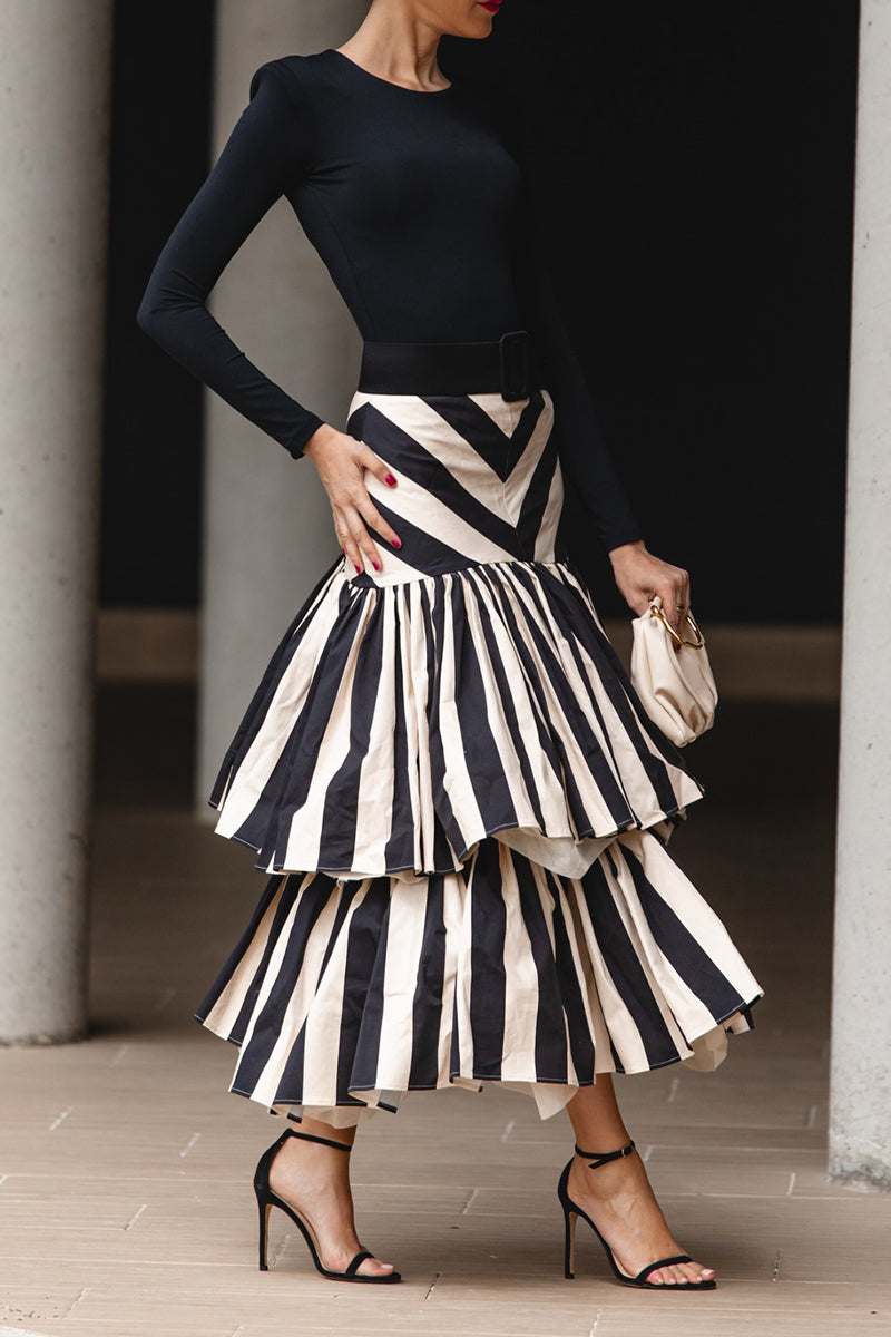 Women's Elegant Knit Top or Tiered-Hem Stripe Long Skirt