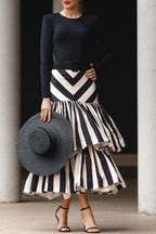 Women's Elegant Knit Top or Tiered-Hem Stripe Long Skirt