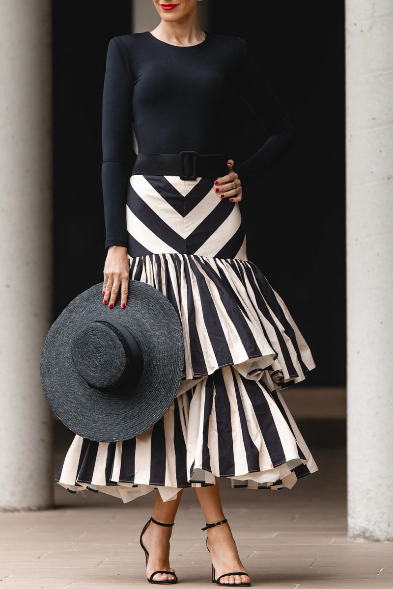 Women's Elegant Knit Top or Tiered-Hem Stripe Long Skirt