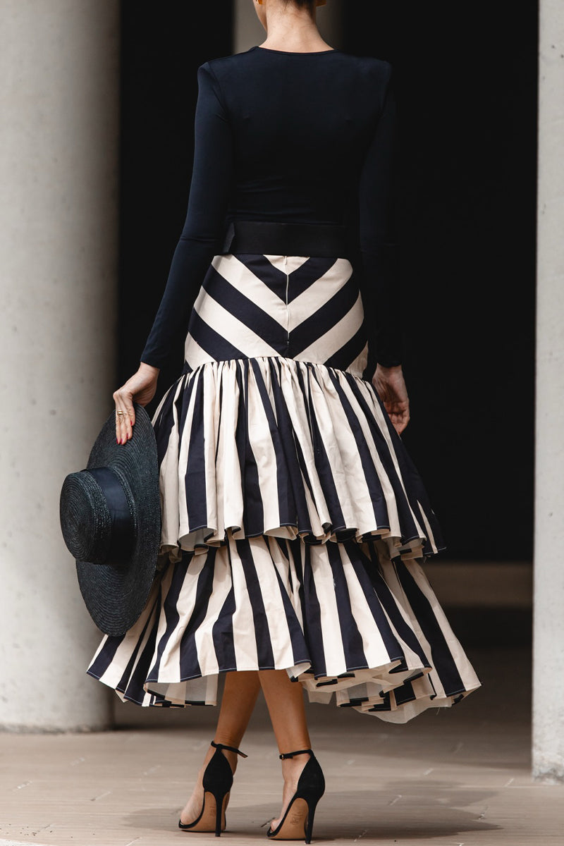 Women's Elegant Knit Top or Tiered-Hem Stripe Long Skirt