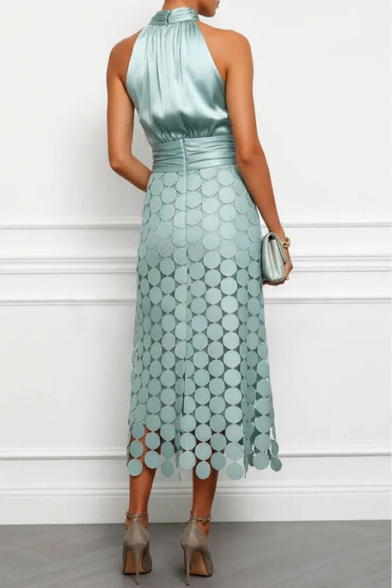 Women's Satin Off Shoulder Sleeveless Patchwork Polka Dot Elegant Temperament Dress