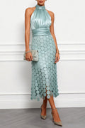 Women's Satin Off Shoulder Sleeveless Patchwork Polka Dot Elegant Temperament Dress