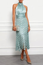 Women's Satin Off Shoulder Sleeveless Patchwork Polka Dot Elegant Temperament Dress