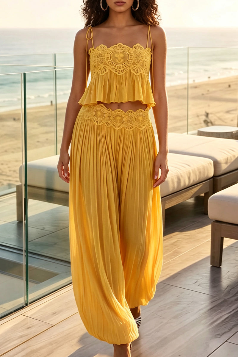 Women's Lace Patchwork Camisole Top+ Lantern Pants Vacation Style Two-piece Set