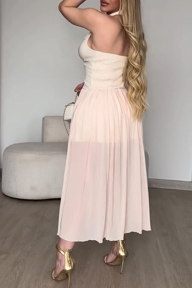 Women's Casual Vacation Halter V-Neck Mesh Hem Maxi Dress