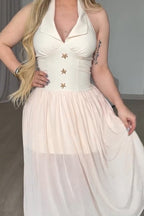 Women's Casual Vacation Halter V-Neck Mesh Hem Maxi Dress