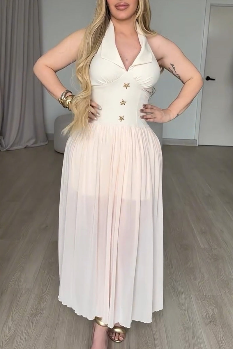 Women's Casual Vacation Halter V-Neck Mesh Hem Maxi Dress