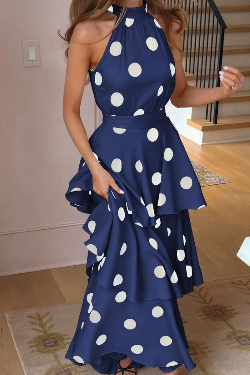 Women's Fashion Off-Shoulder Tiered Hem Polka Dot Maxi Dress