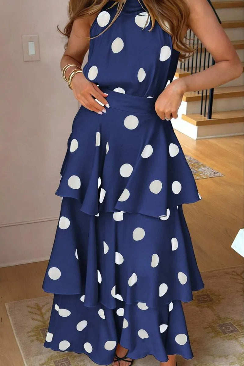Women's Fashion Off-Shoulder Tiered Hem Polka Dot Maxi Dress