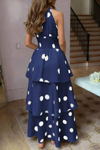 Women's Fashion Off-Shoulder Tiered Hem Polka Dot Maxi Dress