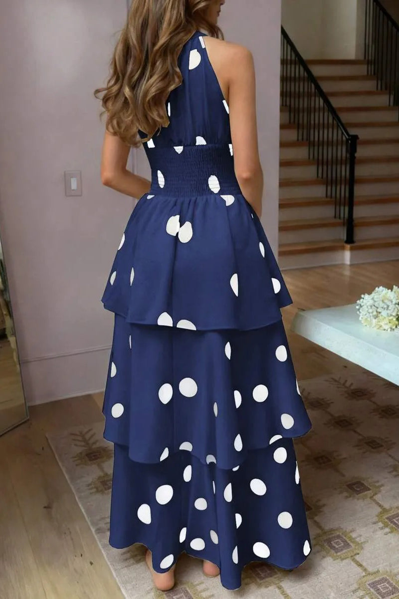 Women's Fashion Off-Shoulder Tiered Hem Polka Dot Maxi Dress