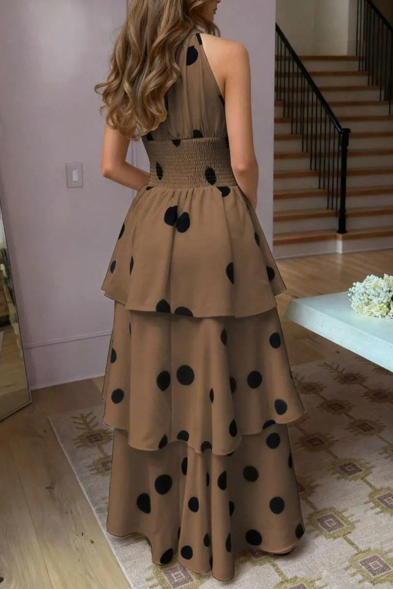 Women's Fashion Off-Shoulder Tiered Hem Polka Dot Maxi Dress