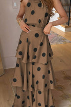 Women's Fashion Off-Shoulder Tiered Hem Polka Dot Maxi Dress