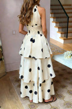 Women's Fashion Off-Shoulder Tiered Hem Polka Dot Maxi Dress