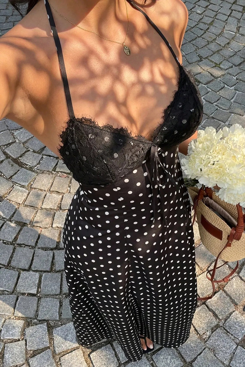 Women's Elegant Lace Patchwork Spaghetti Strap Polka Dot Dress