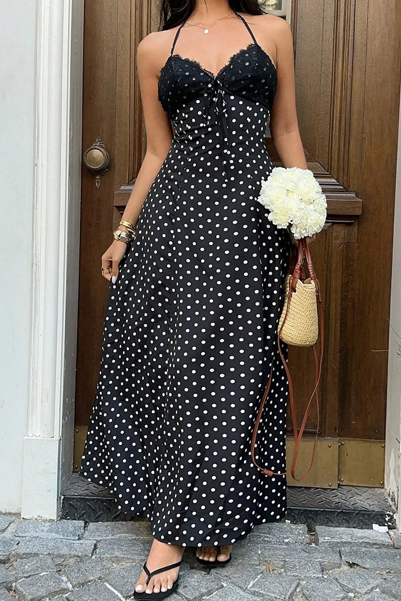 Women's Elegant Lace Patchwork Spaghetti Strap Polka Dot Dress
