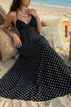 Women's Elegant Lace Patchwork Spaghetti Strap Polka Dot Dress