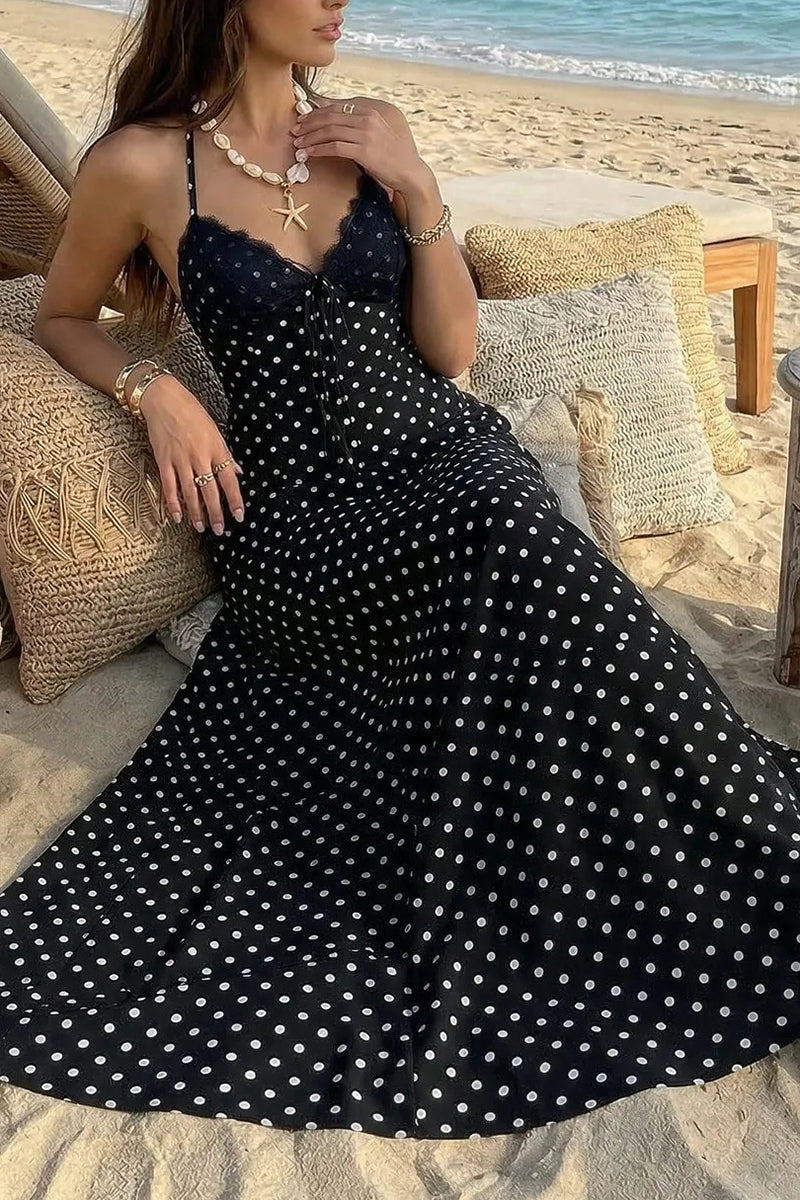 Women's Elegant Lace Patchwork Spaghetti Strap Polka Dot Dress