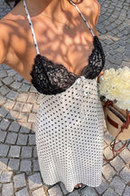 Women's Elegant Lace Patchwork Spaghetti Strap Polka Dot Dress