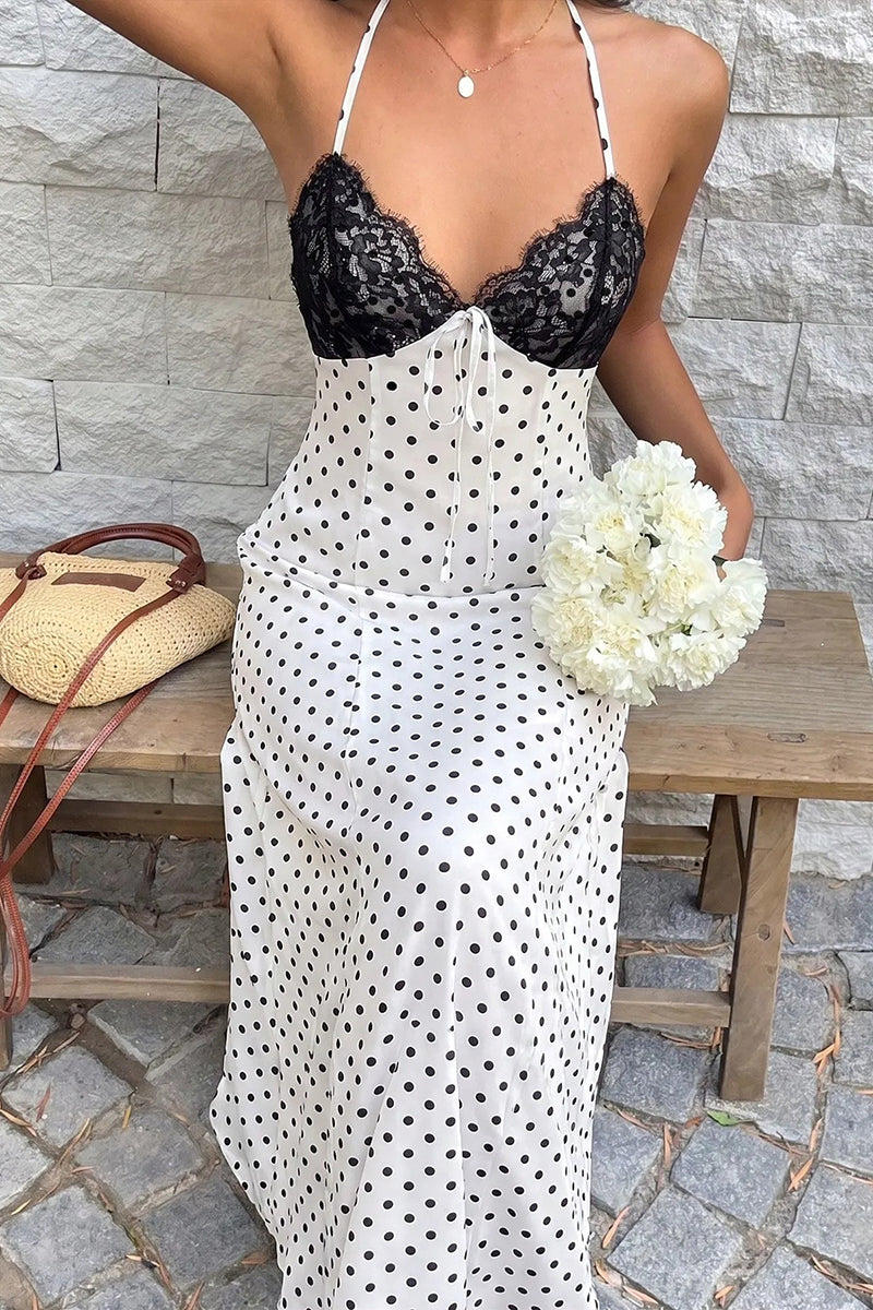 Women's Elegant Lace Patchwork Spaghetti Strap Polka Dot Dress