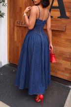 Women's Elegant Slim Spaghetti Strap A-Line Denim Maxi Dress