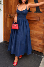 Women's Elegant Slim Spaghetti Strap A-Line Denim Maxi Dress