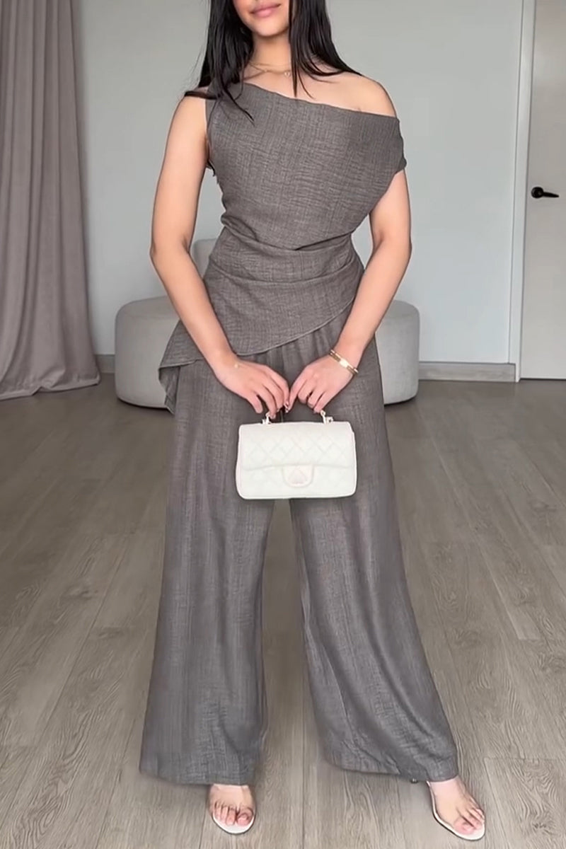 Women's Casual Asymmetric Neckline Vest Pants Two-Piece Set