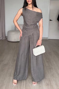 Women's Casual Asymmetric Neckline Vest Pants Two-Piece Set
