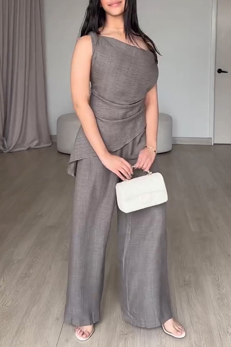 Women's Casual Asymmetric Neckline Vest Pants Two-Piece Set