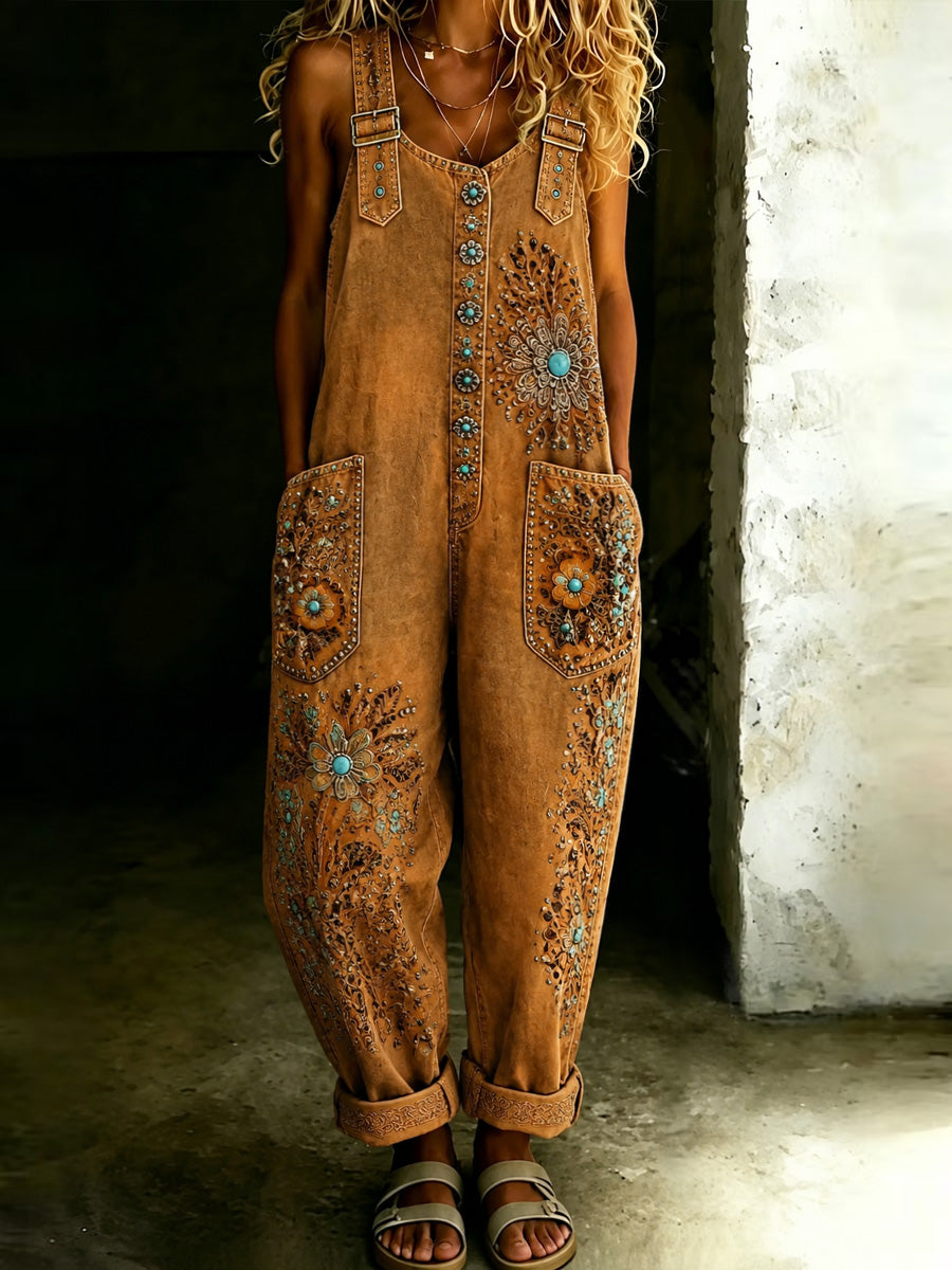 Women's Retro Floral Art Print Washed Cotton Denim Patchwork Jumpsuit
