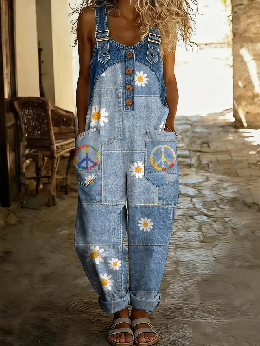 Women's Hippy Art Print Washed Cotton Denim Patchwork Jumpsuit