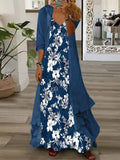 Women's Long Sleeve V-neck Graphic Printed Two Pieces Maxi Dress