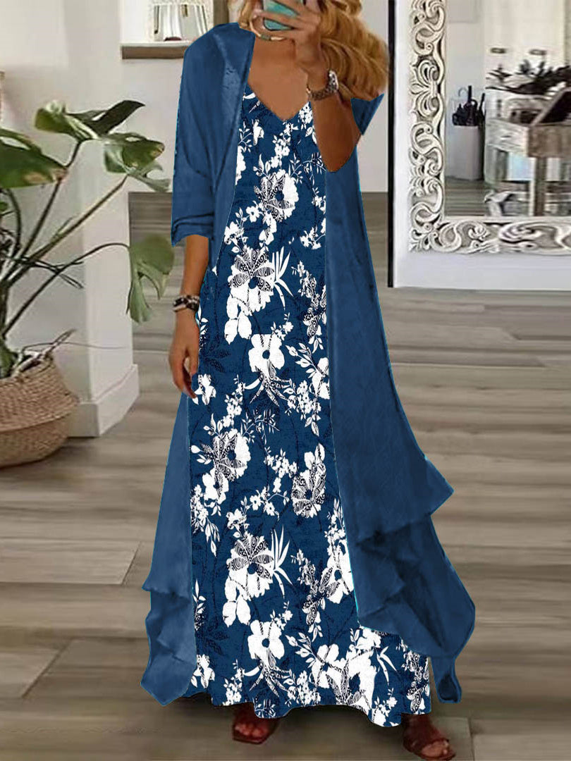 Women's Long Sleeve V-neck Graphic Printed Two Pieces Maxi Dress