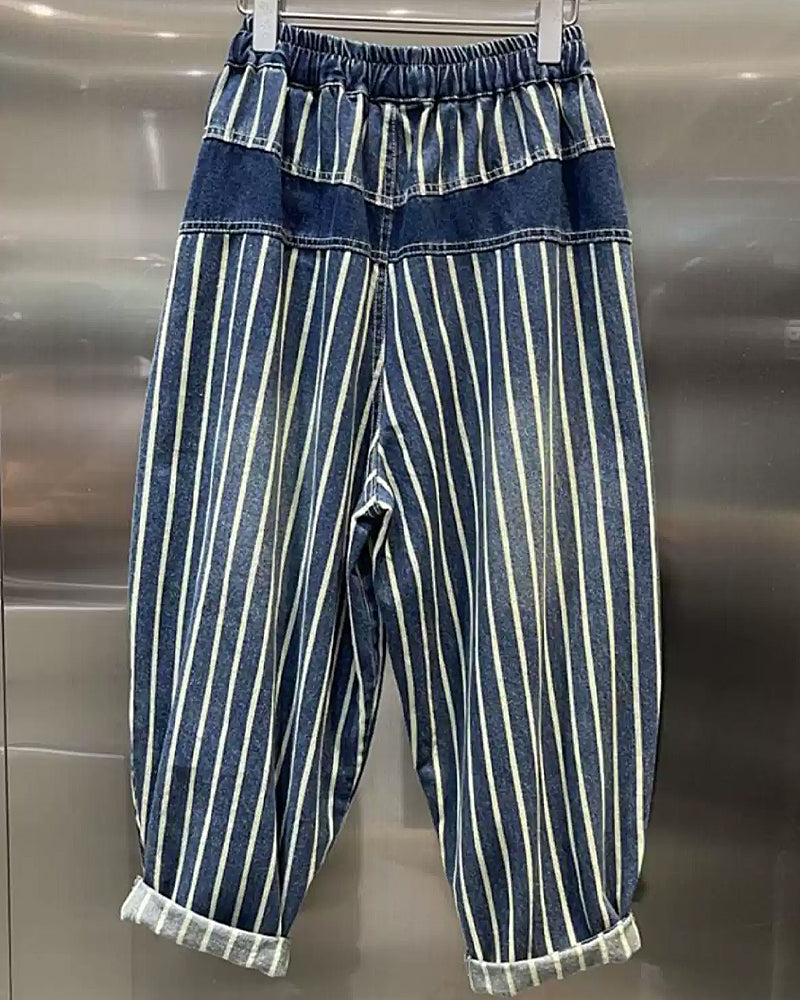 Vintage Loose Elastic Waist Vertical Stripe Baggy Casual Denim Harem Pants