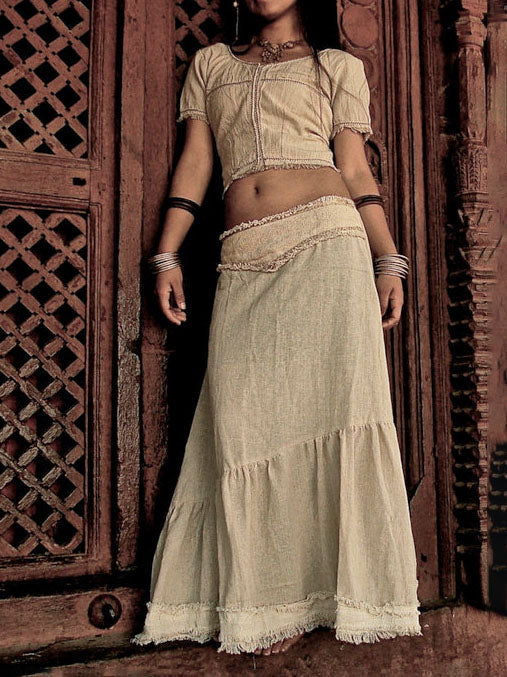 Cotton Linen Maxi Skirt with Raw Hem and Patchwork Detail