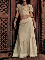 Cotton Linen Maxi Skirt with Raw Hem and Patchwork Detail