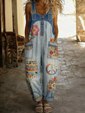 Women's Hippy Art Print Washed Cotton Denim Patchwork Jumpsuit