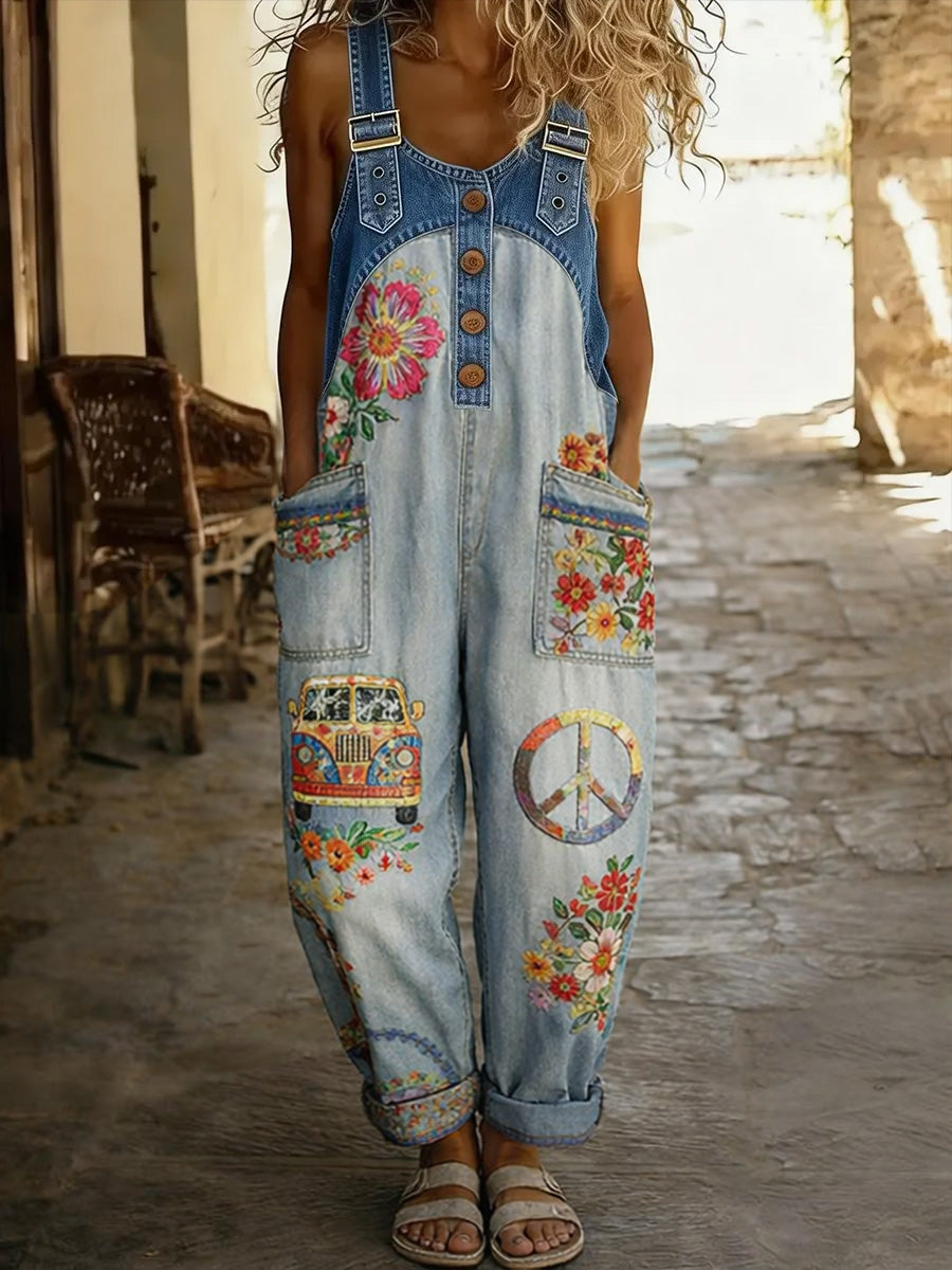 Women's Hippy Art Print Washed Cotton Denim Patchwork Jumpsuit